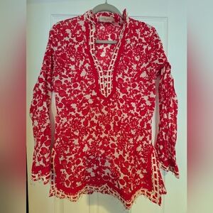 Tory Burch red floral tunic size 6 with delicate trim